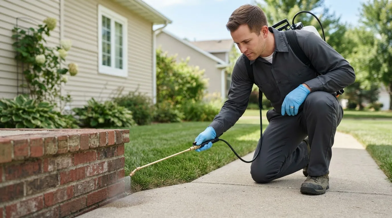Pest control technician treating a home near Merrillville, IN