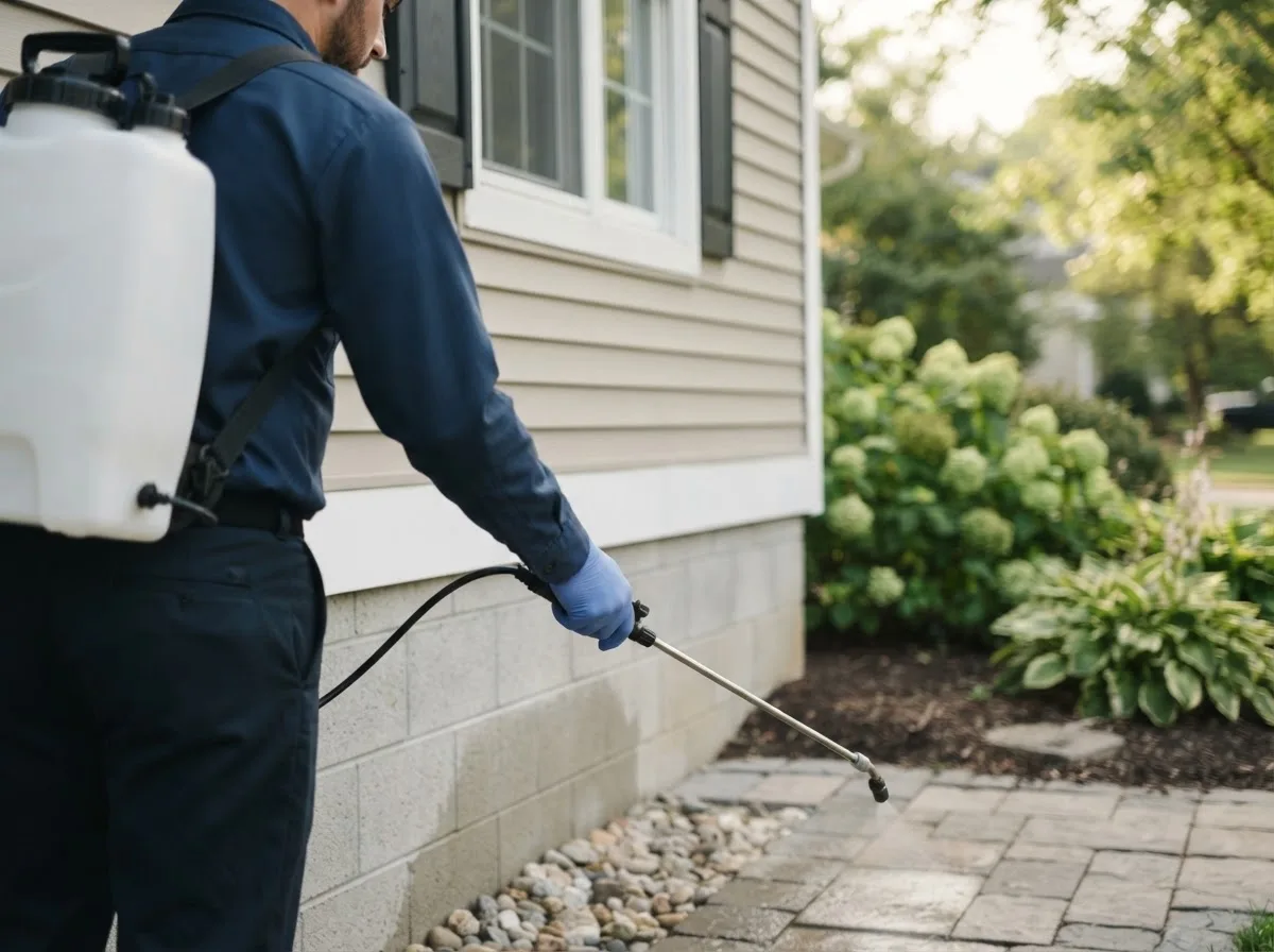 Pest control technician inspecting a home in Merrillville, IN